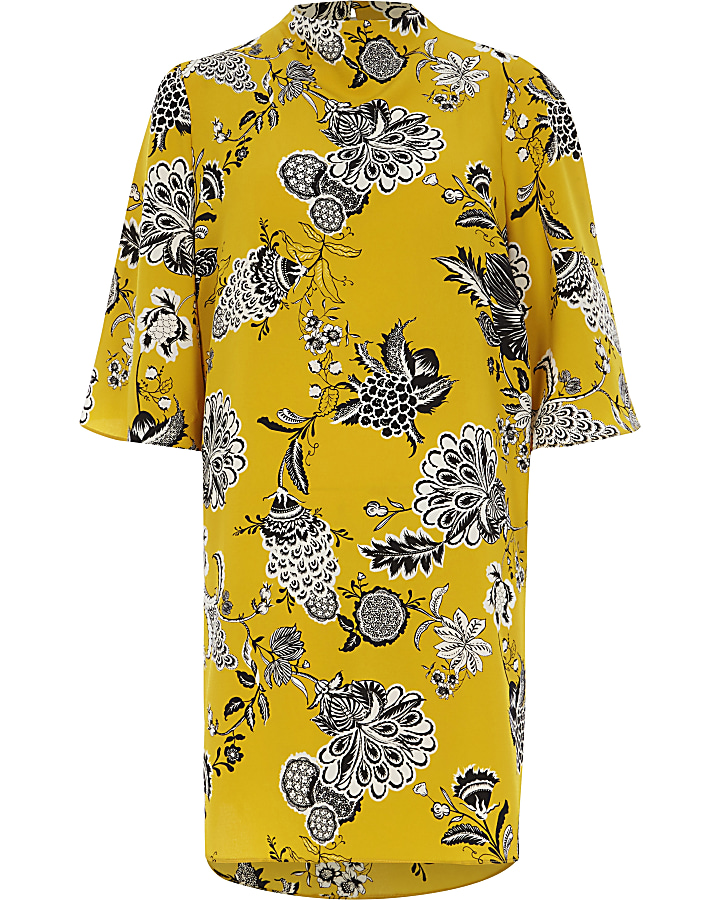 Yellow floral print flute sleeve dress