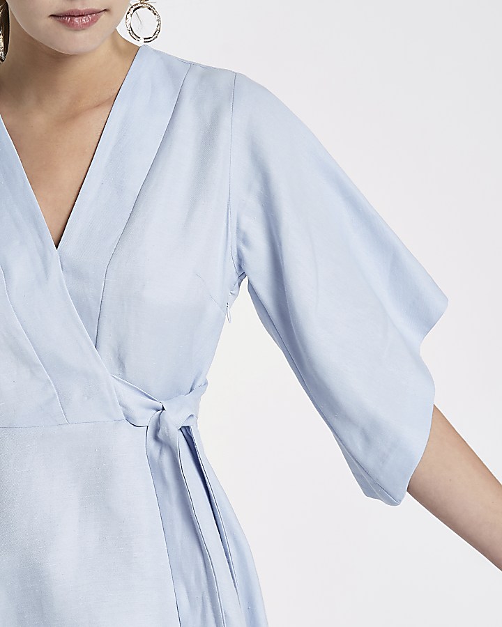 Blue wrap kimono sleeve top