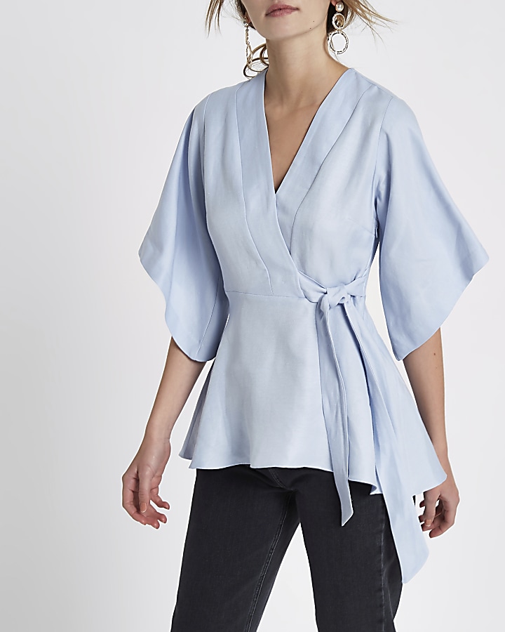 Blue wrap kimono sleeve top