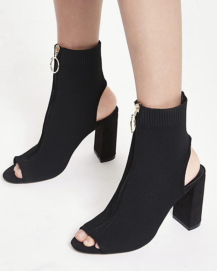 Black knit zip front shoe boots