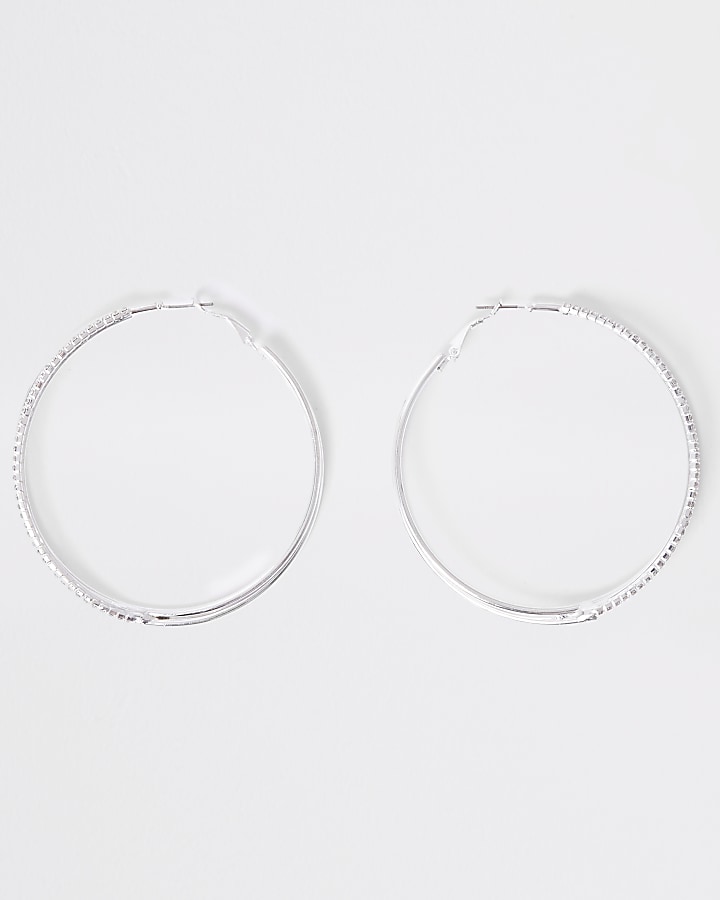 Silver diamante embellished hoop earrings