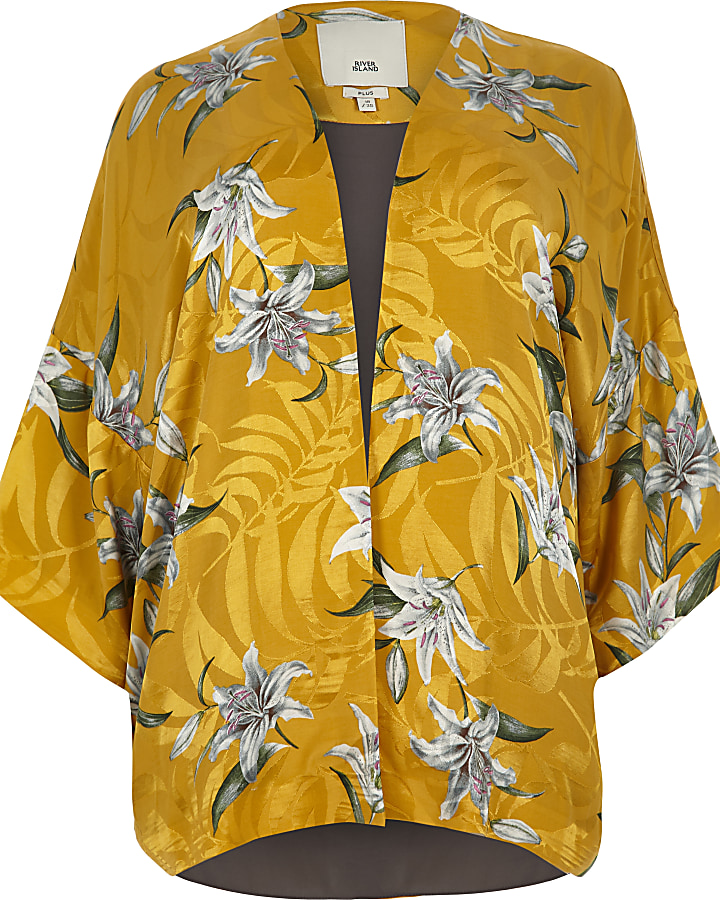 Plus yellow jacquard floral print kimono