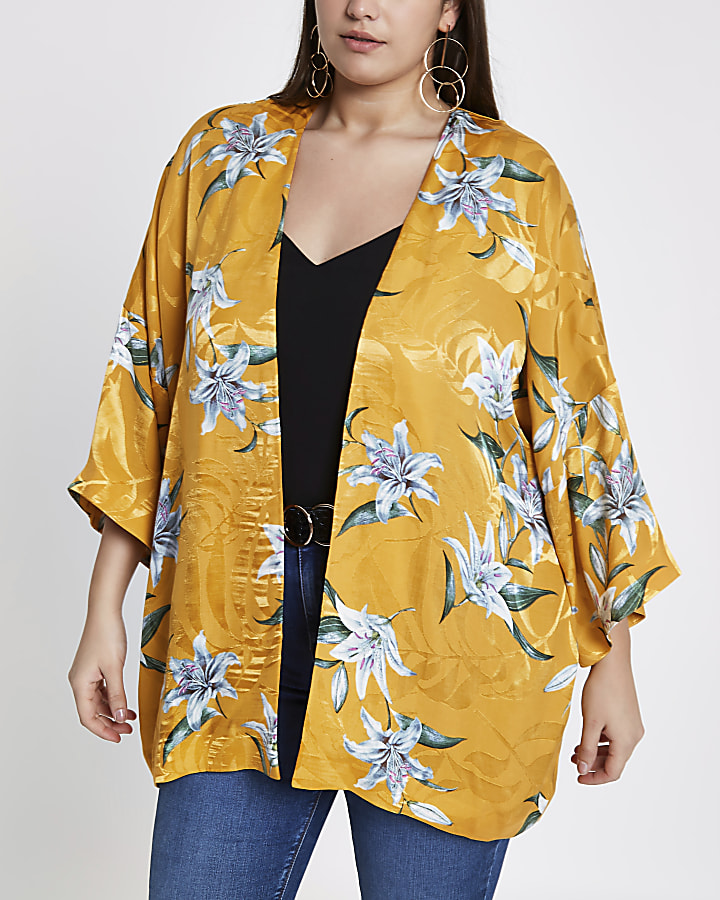 Plus yellow jacquard floral print kimono