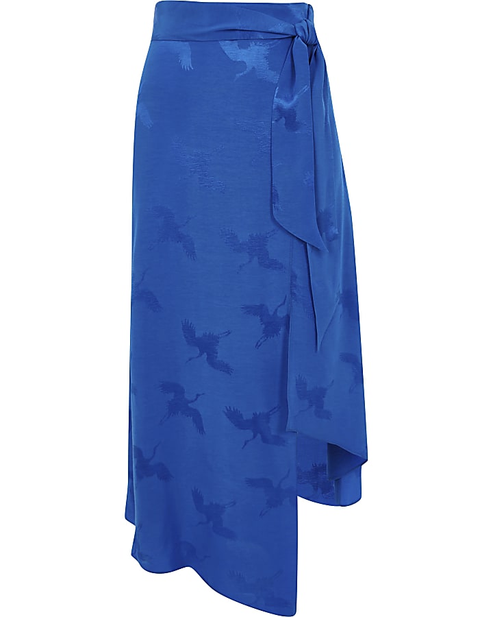 Blue wrap tie front jacquard midi skirt