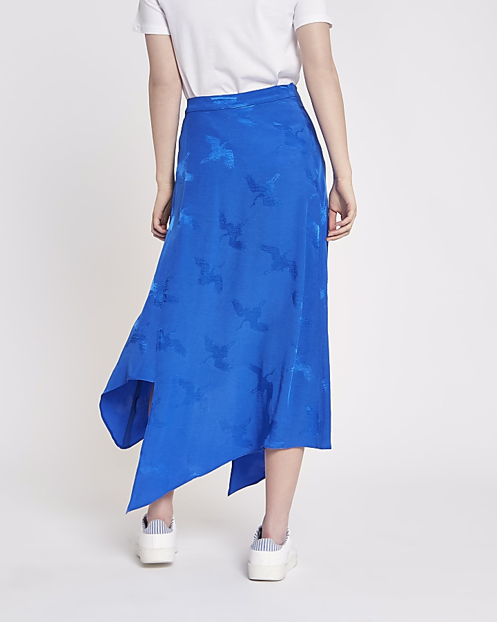 Blue wrap tie front jacquard midi skirt