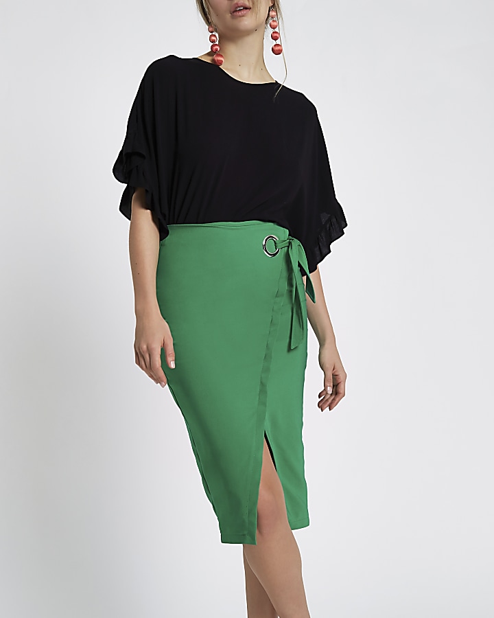 Green wrap pencil skirt