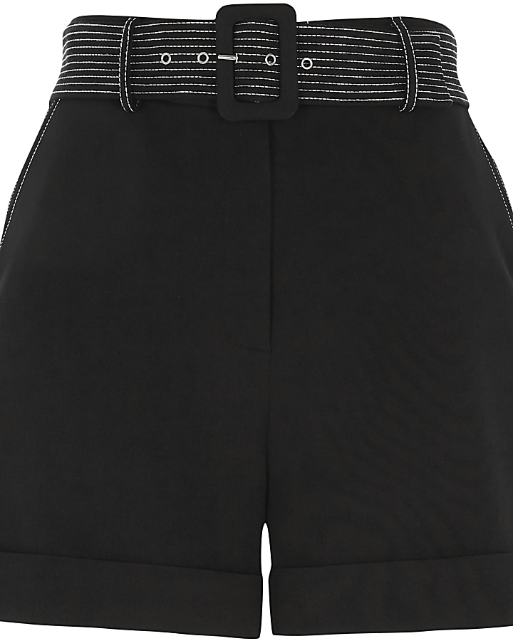 Black belted contrast stitch shorts
