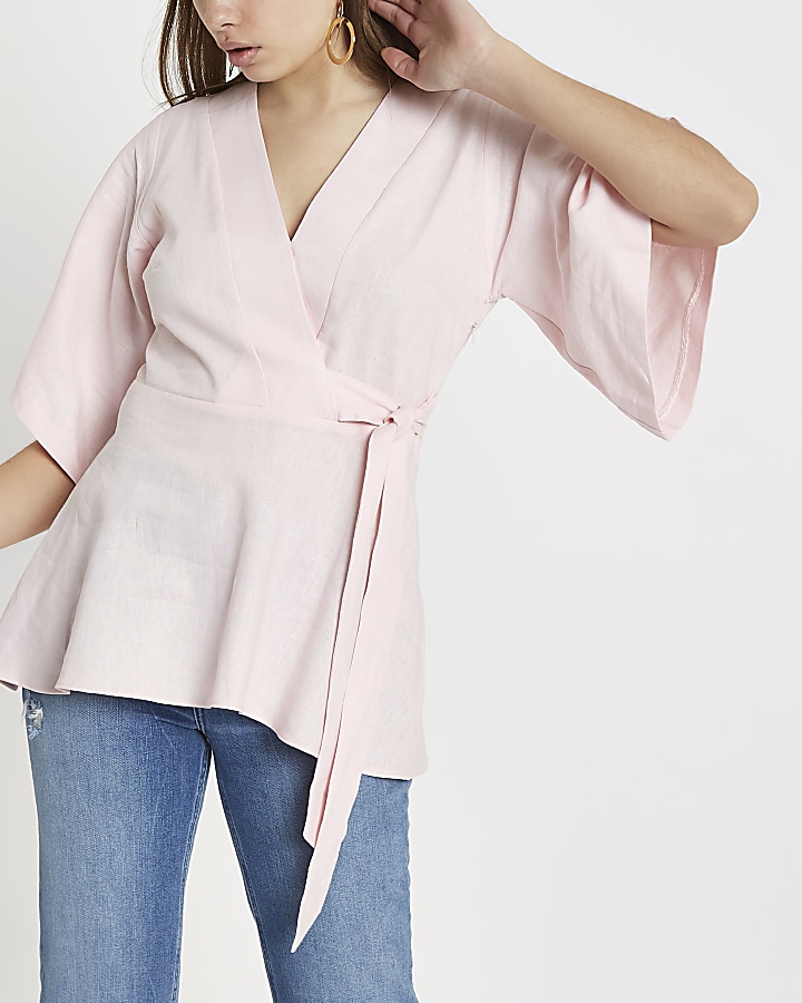 Pink kimono sleeve wrap top