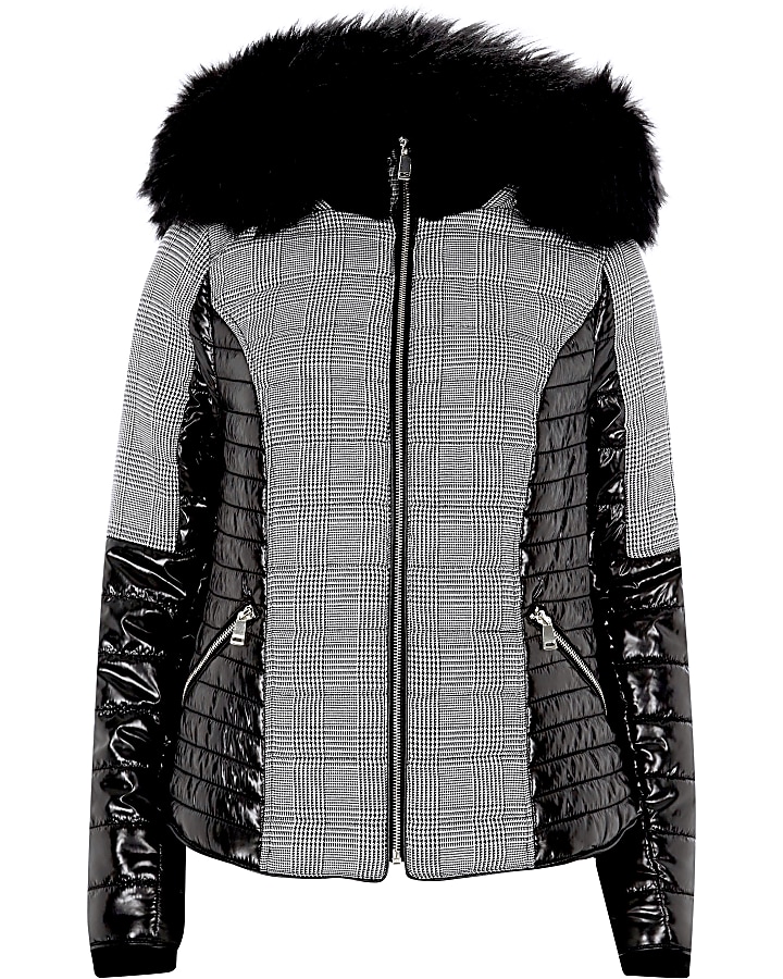 Grey check faux fur hood padded jacket