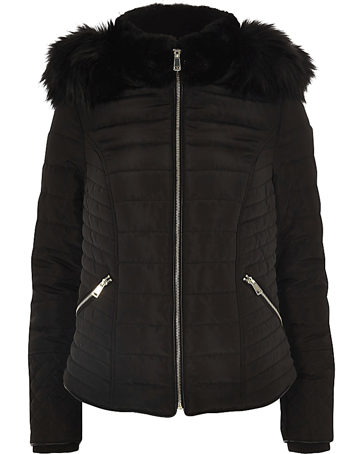 Black faux fur hood long sleeve padded jacket