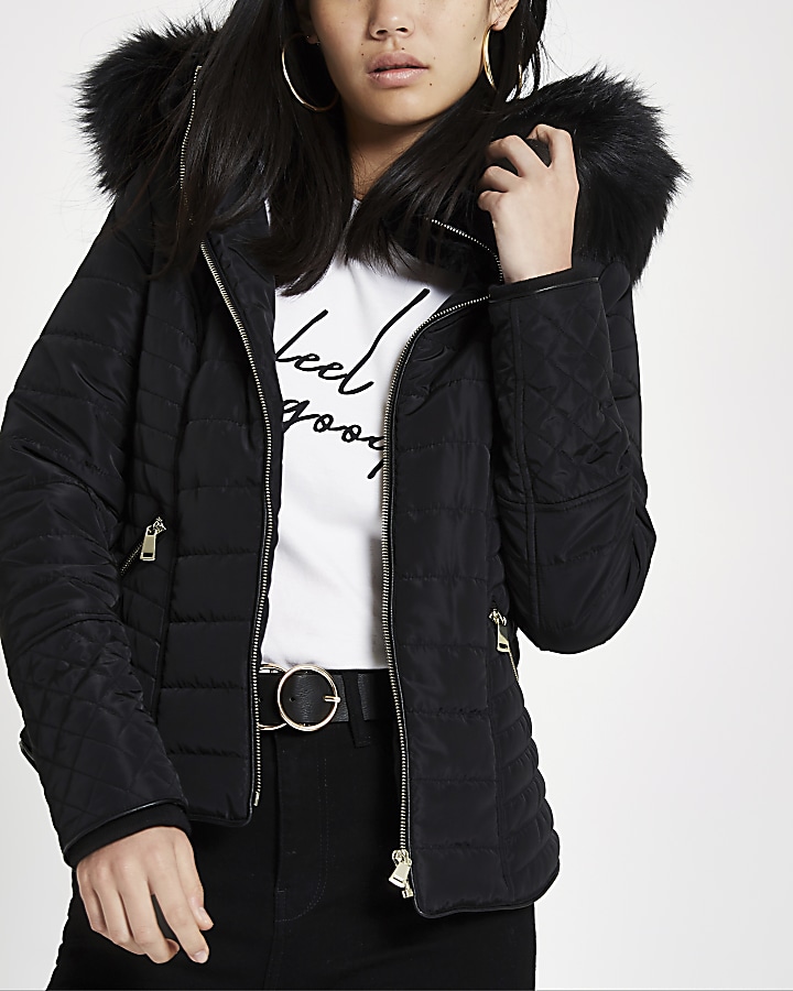 Black faux fur hood long sleeve padded jacket