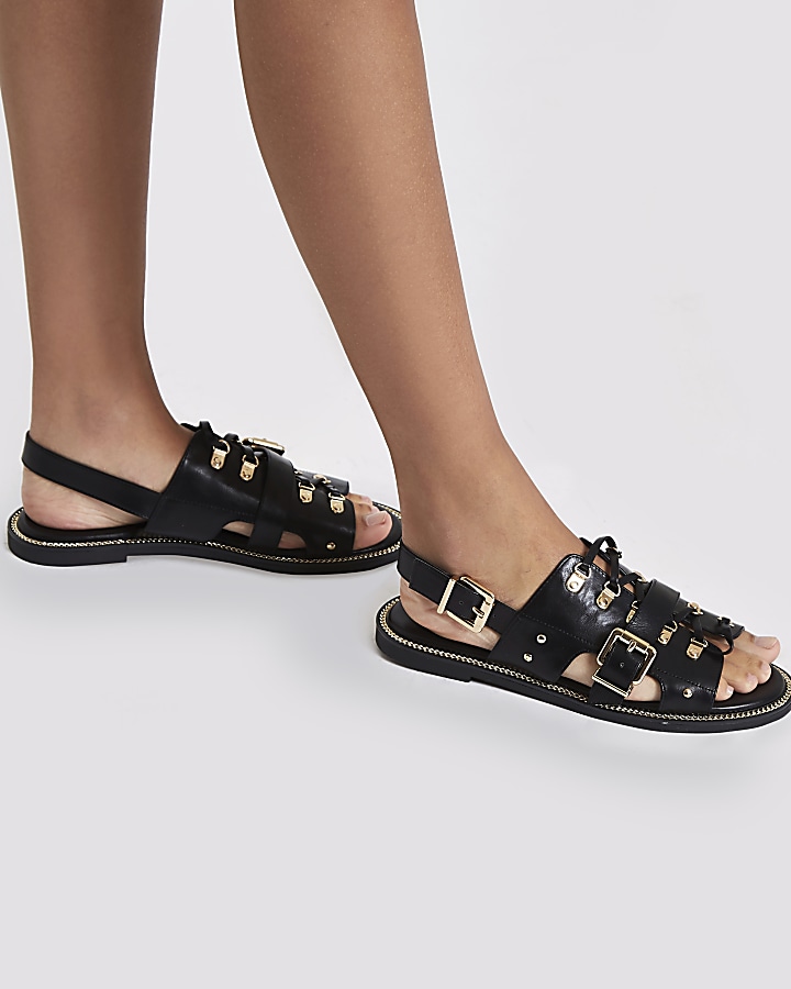 Black buckle strappy flat sandals