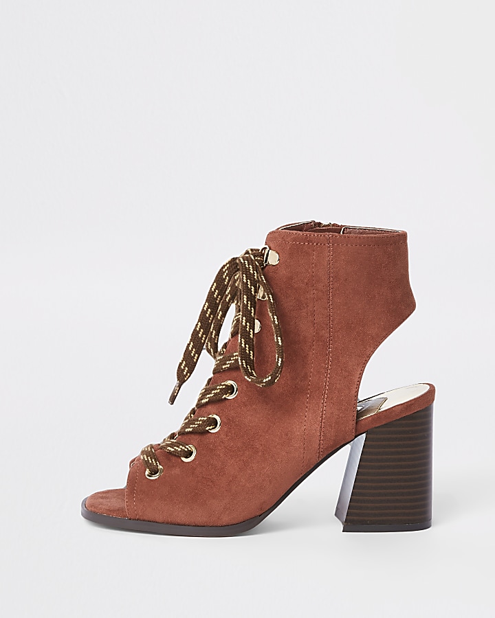 Orange lace-up block heel shoe boots