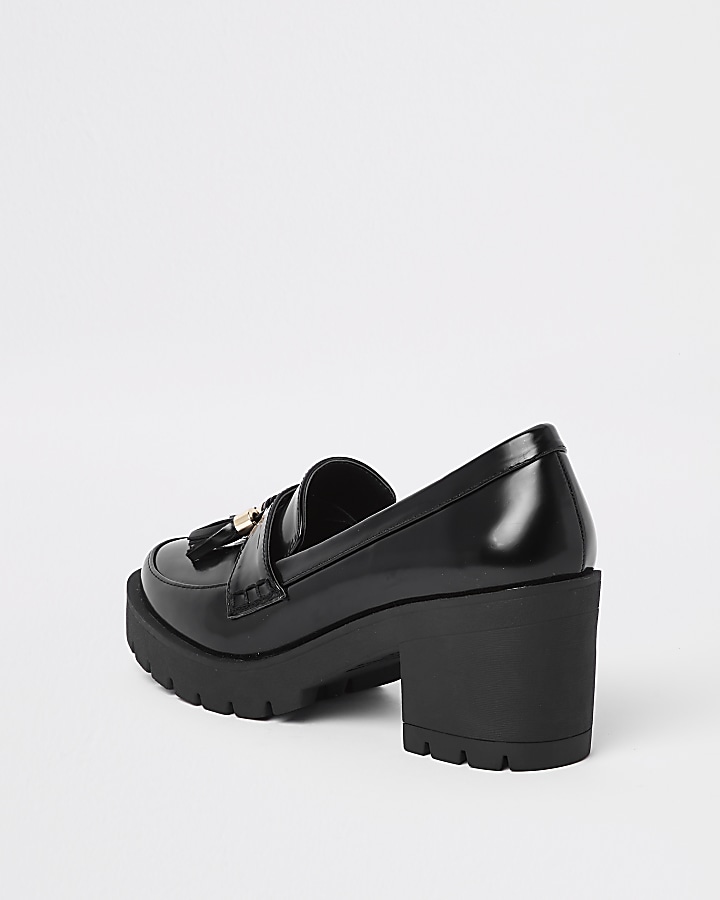 Black chunky tassel block heel loafers