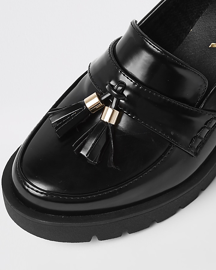 Black chunky tassel block heel loafers