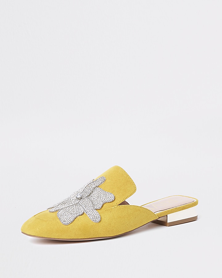 Yellow floral embellished backless loafers