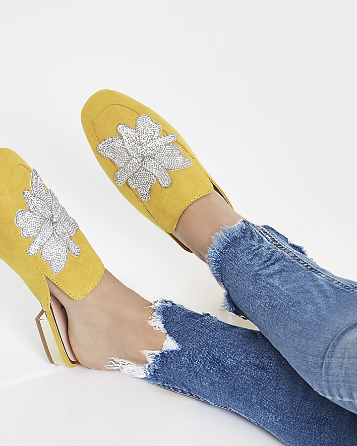 Yellow floral embellished backless loafers