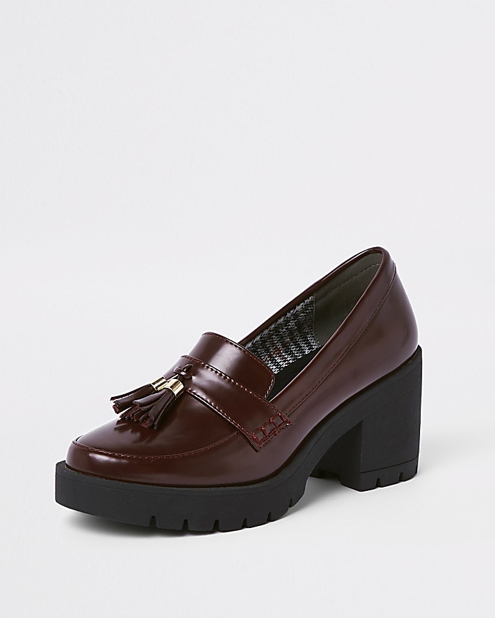 Dark red chunky tassel heeled loafers