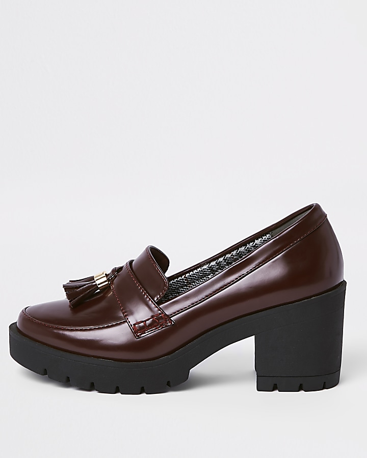 Dark red chunky tassel heeled loafers