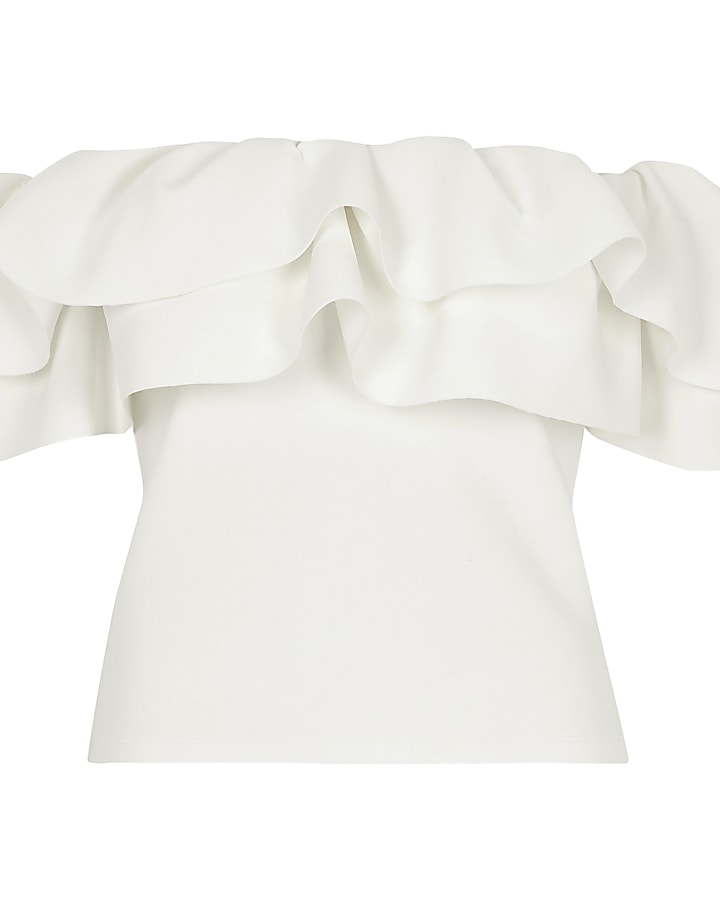 White frill bardot fitted crop top