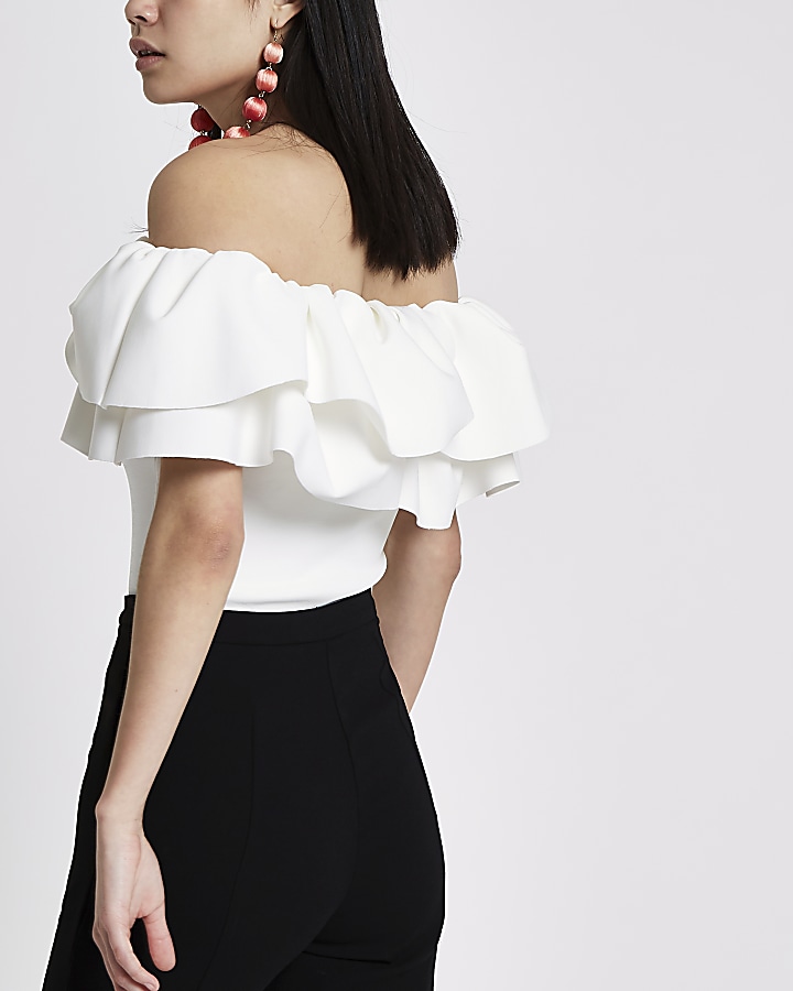 White frill bardot fitted crop top