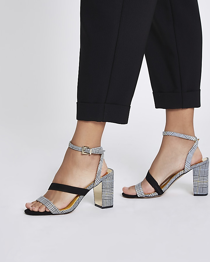 Grey check strappy asymmetric sandals