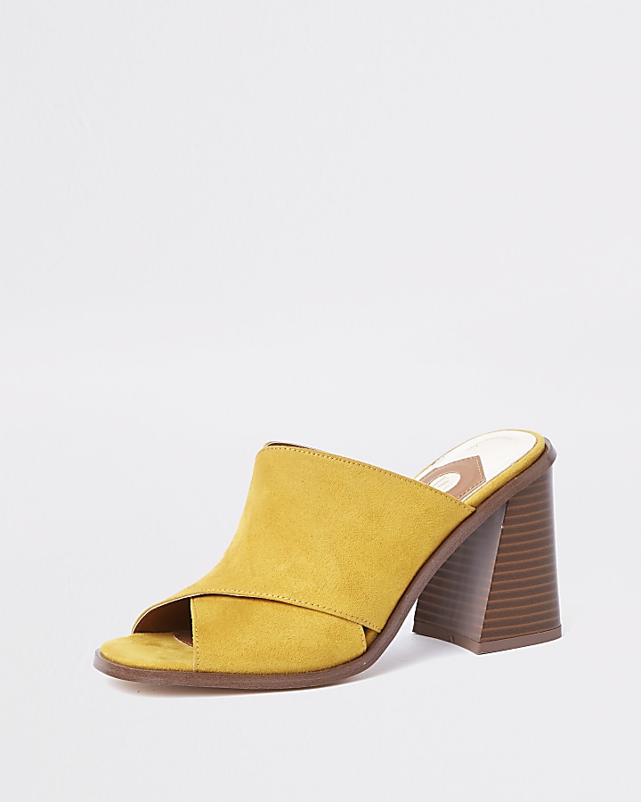 Yellow cross strap block heel mule sandals