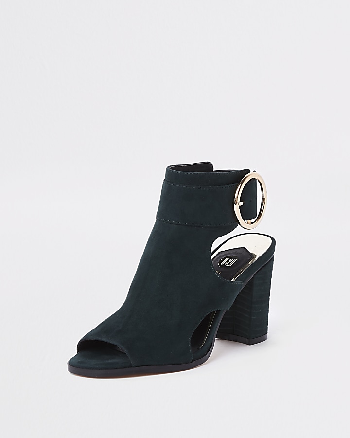 Green faux suede circle buckle shoe boots