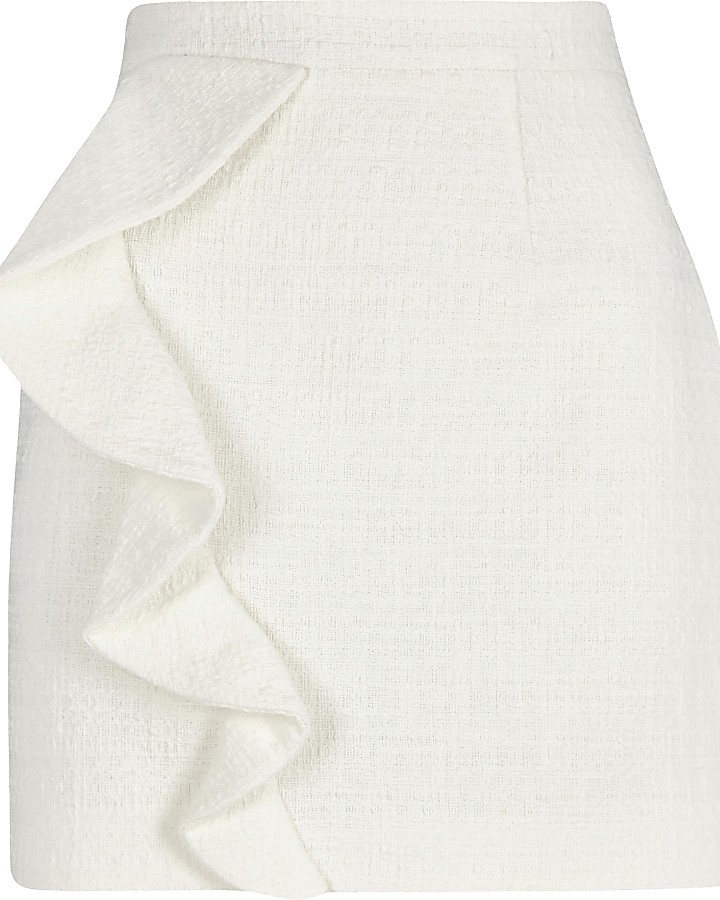 White frill front boucle mini skirt