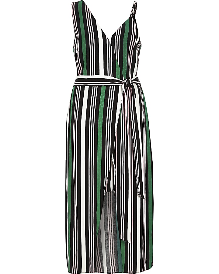 Green stripe print one shoulder midi dress