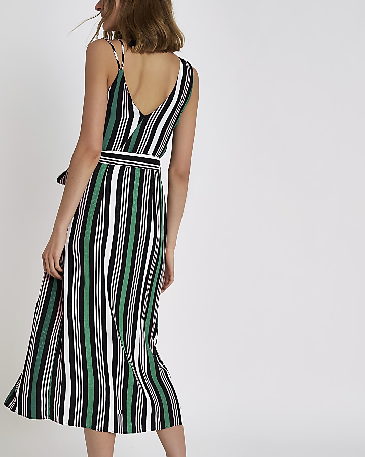 Green stripe print one shoulder midi dress