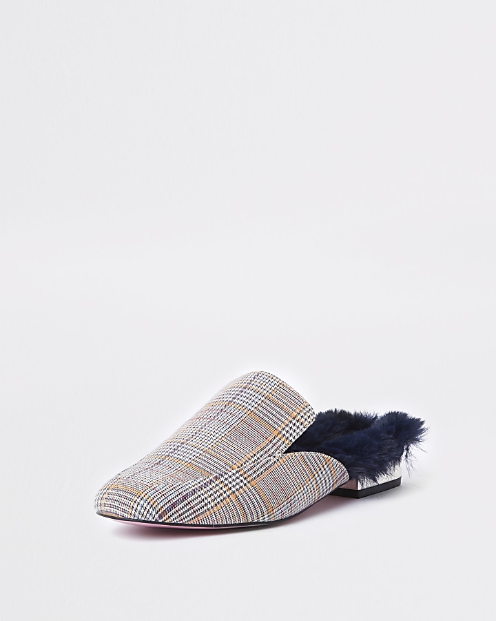 Brown check backless loafer