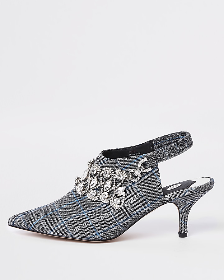 Grey check diamante sling back court shoes