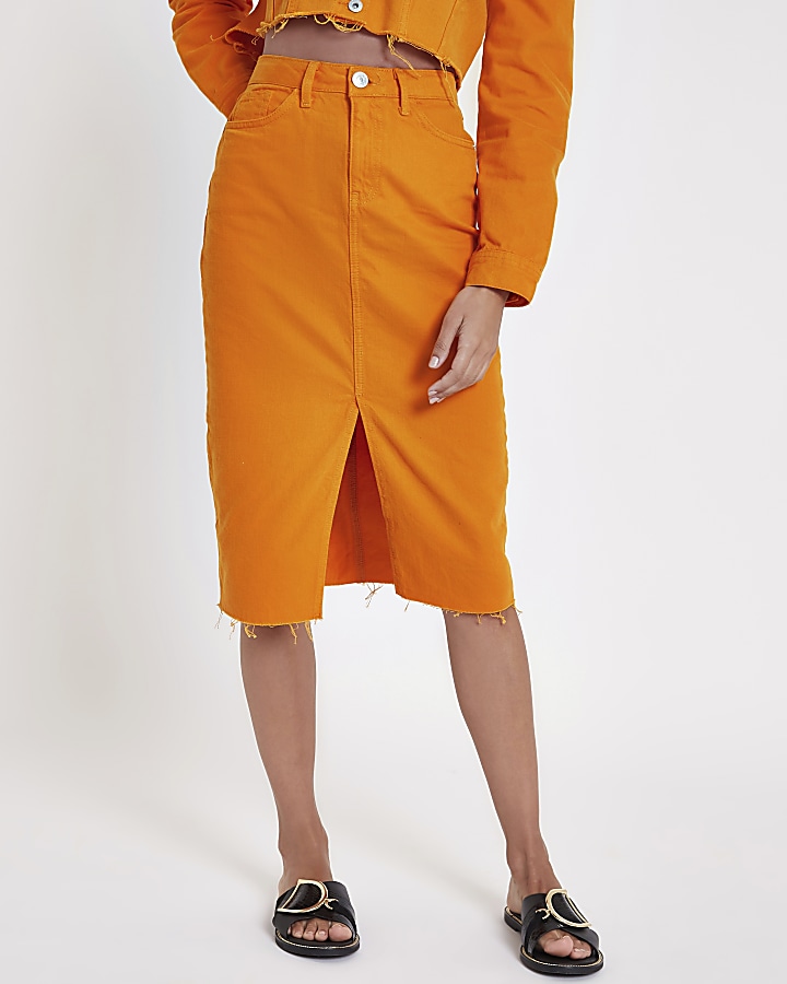Orange denim pencil skirt