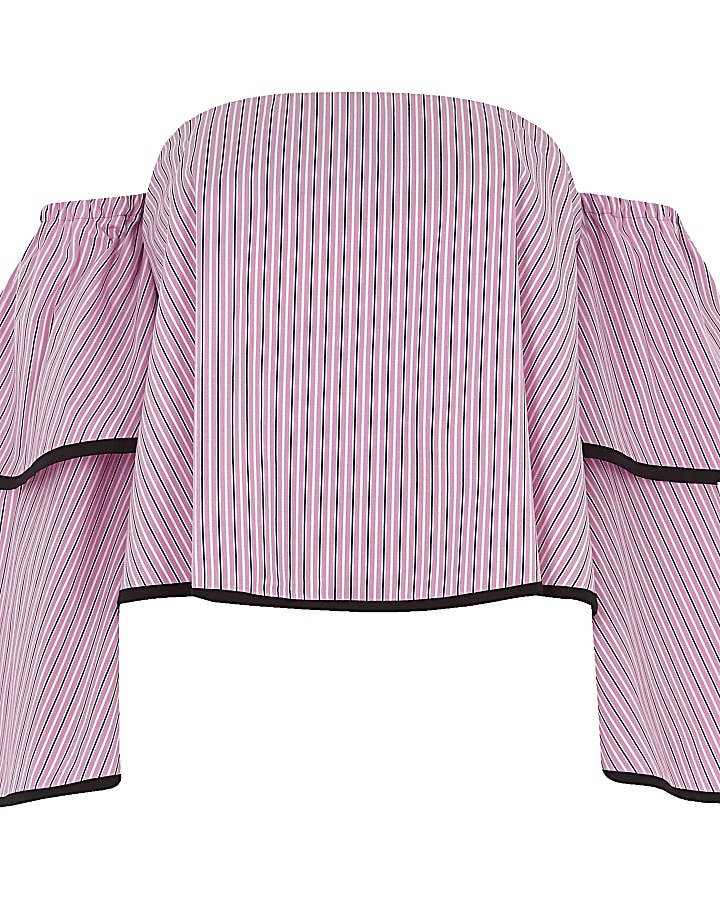 Pink stripe frill sleeve bardot top