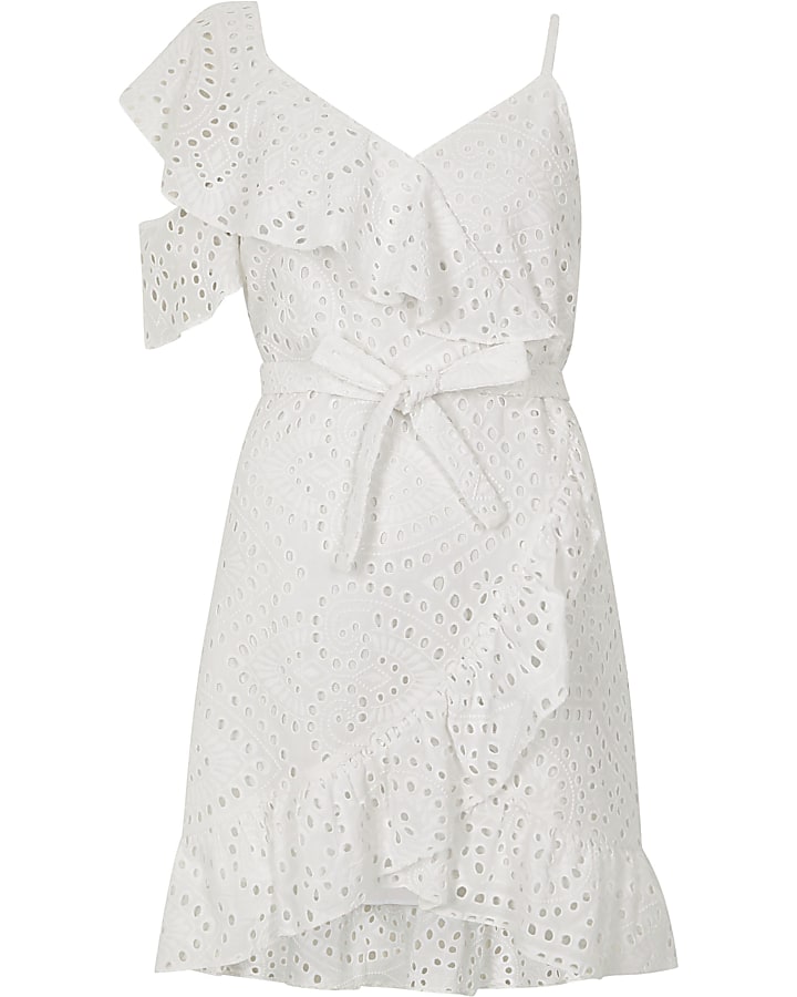 Petite white broderie cold shoulder dress