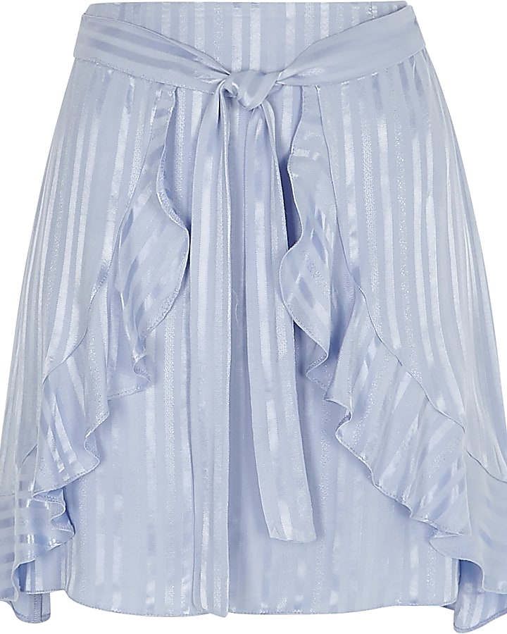 Blue stripe wrap tie front mini skirt
