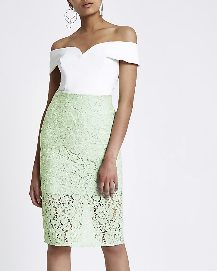 Green floral lace pencil skirt