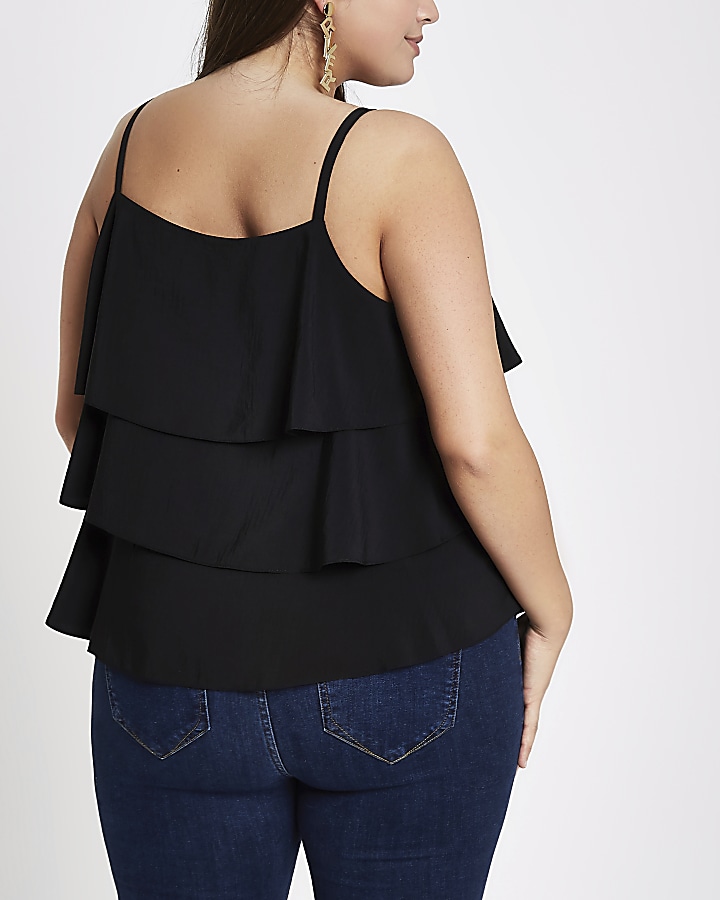 Plus black tiered frill cami top