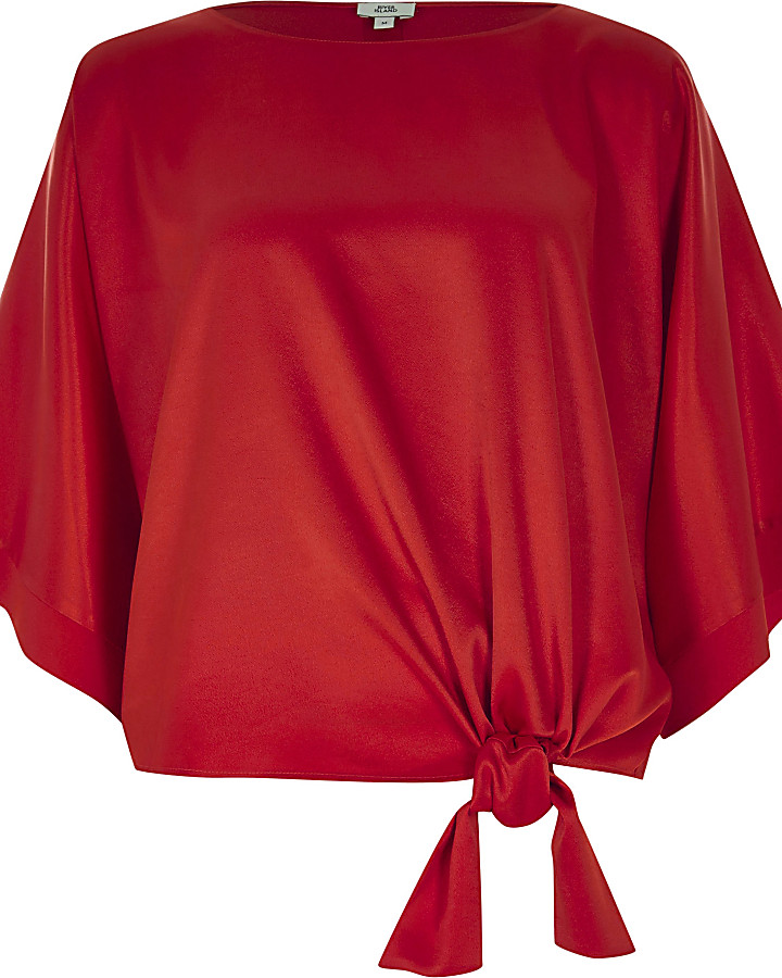 Red satin knot side T-shirt
