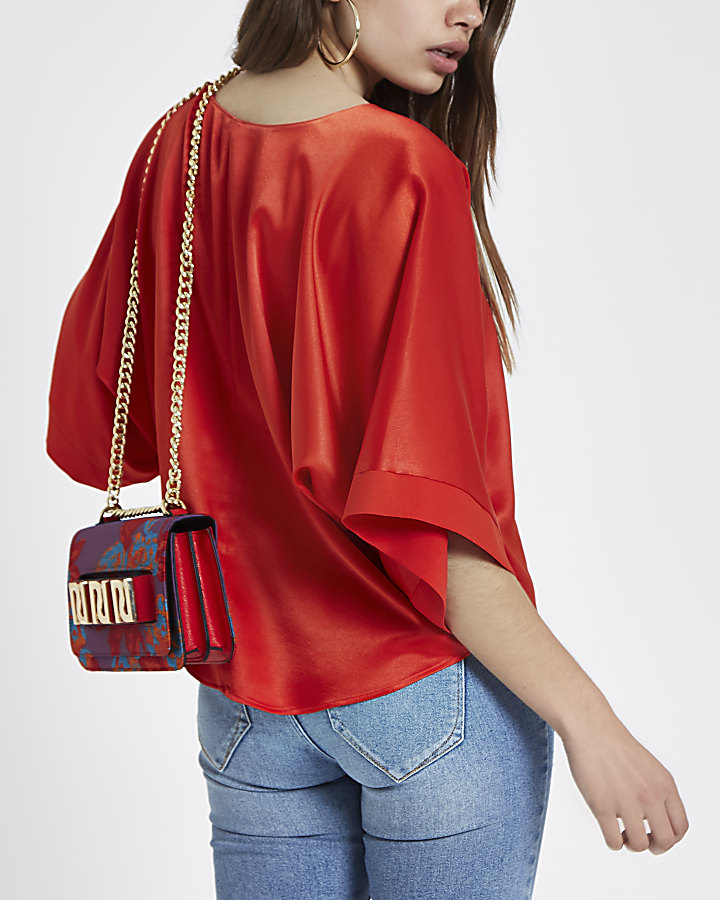 Red satin knot side T-shirt