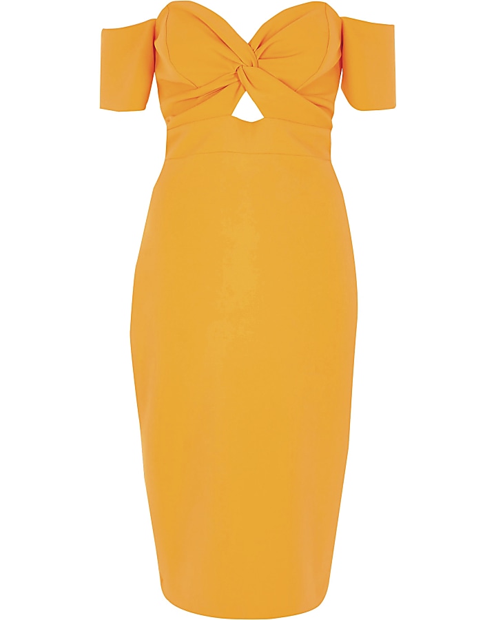 Orange knot front bardot bodycon midi dress