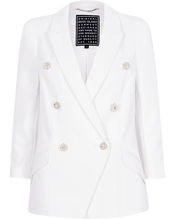 Ivory faux pearl double breasted blazer