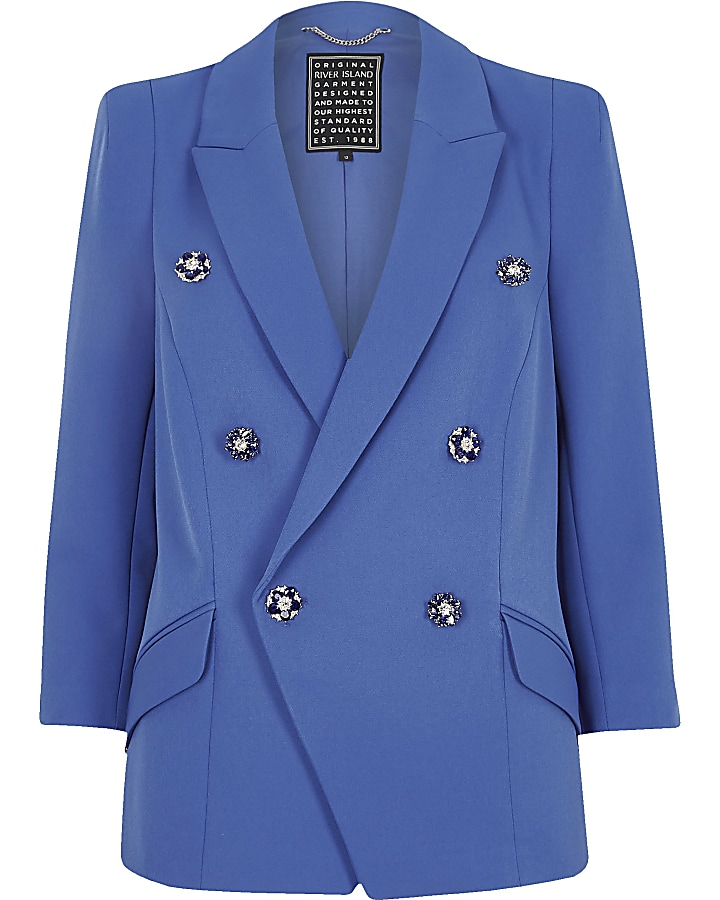 Bright blue faux pearl double breasted blazer