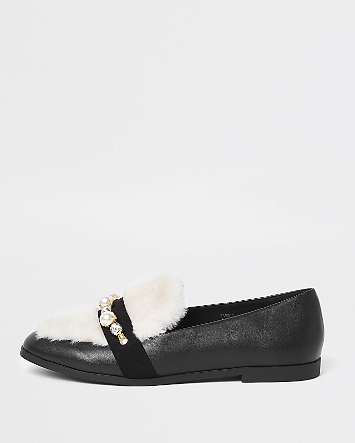 Black wide fit faux fur snaffle loafer