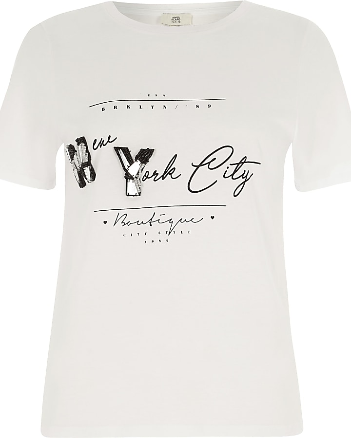 Petite white ‘New York’ embellished T-shirt