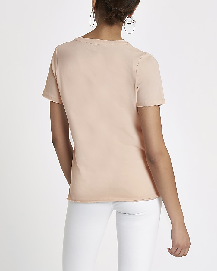 Light pink diamante bow trim T-shirt