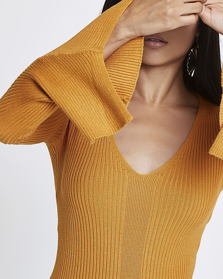 Petite yellow rib knit wide sleeve top