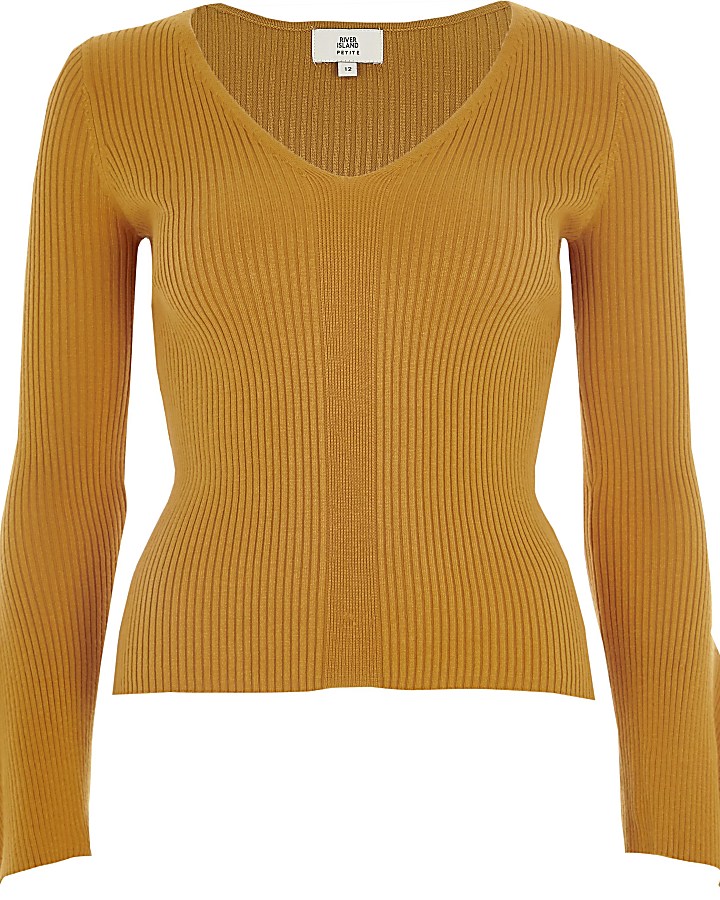 Petite yellow rib knit wide sleeve top