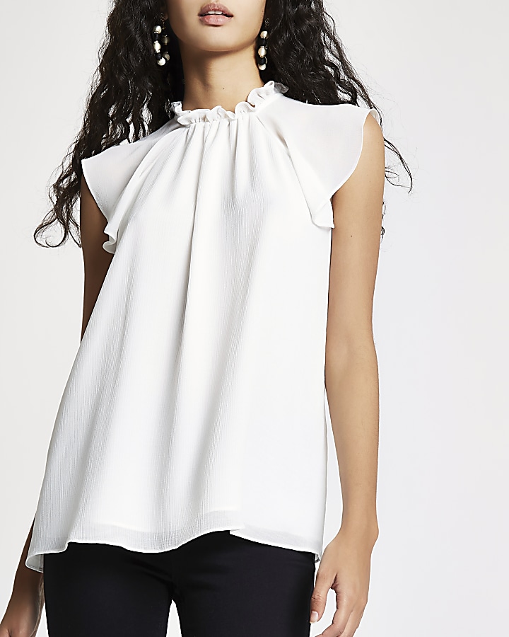 White high neck frill sleeve top